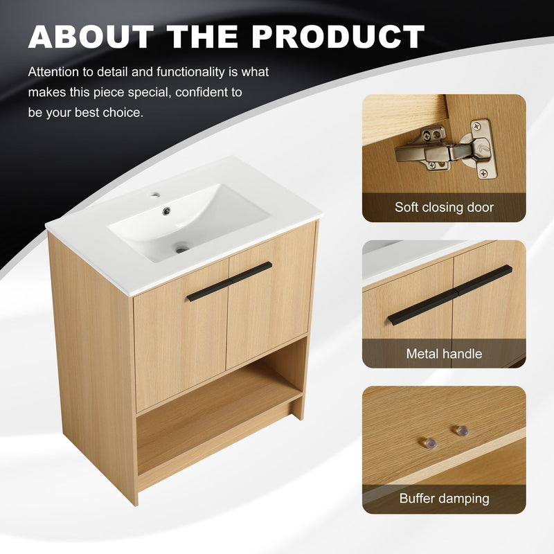 Modern Bathroom Vanity With Ceramic Sink, Freestanding Cabinet, Soft Closing Doors