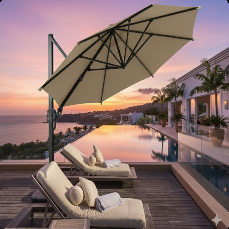Round Cantilever Patio Umbrella With 360 Rotation & Infinite Tilt Adjustment
