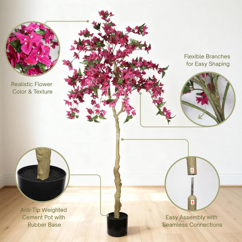 Artificial Bougainvillea Tree, Realistic Faux Potted Plant For Indoor Home Decor - Dark Pink / Green Leaves