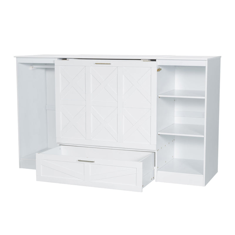 Twin Size Murphy Bed With Bedside Shelves And Wardrobe - White