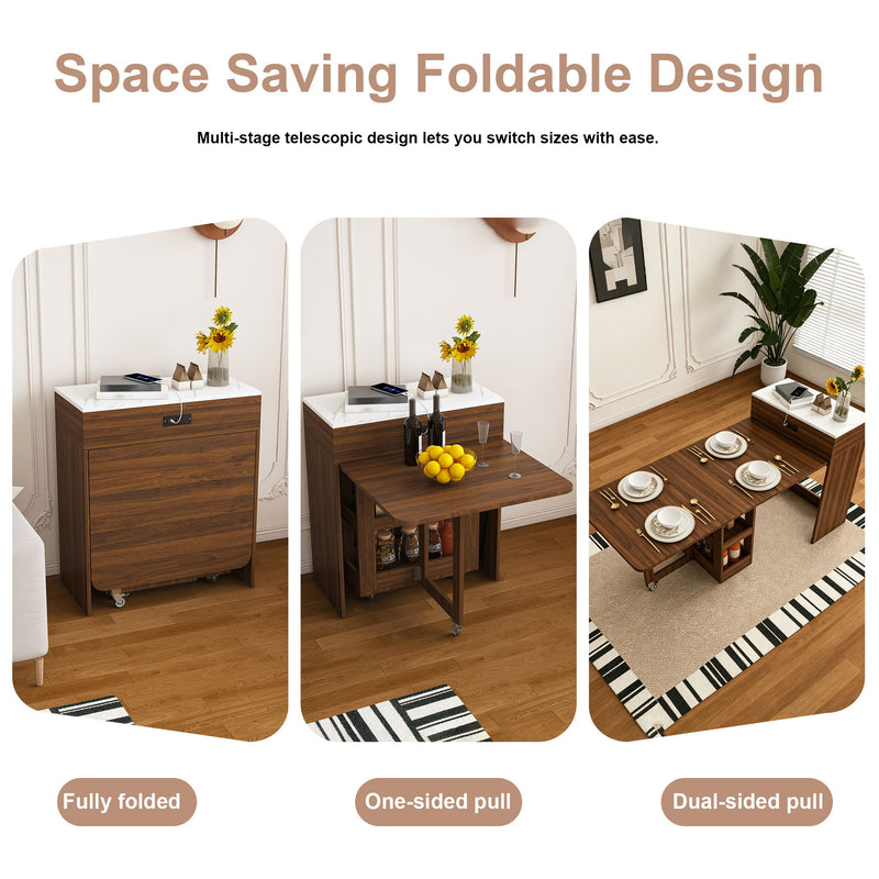 Extendable Dining Table With Power Socket, Lockable Casters, Storage Cabinet