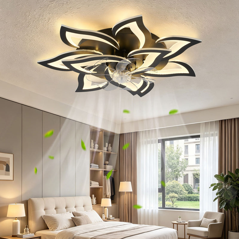 32" Flower Ceiling Fan With LED Dimmable Light, Low Profile Flush Mount Fan With Remote Control, 6 Speeds