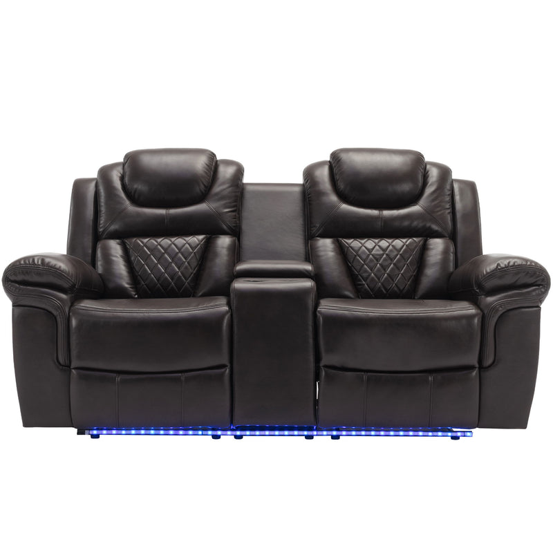 3 Pieces Recliner Sofa Sets Home Theater Seating Manual Recliner Chair With Center Console And LED Light Strip For Living Room
