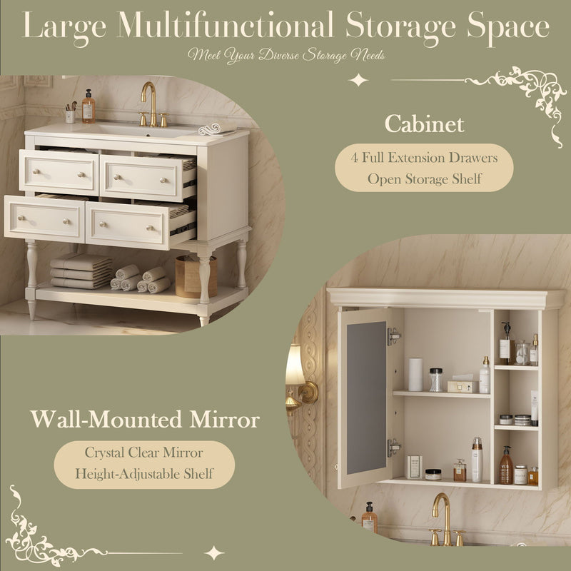Bathroom Vanity With Medicine Cabinet, Storage Cabinet With 4 Drawers, Adjustable Shelf Mirror