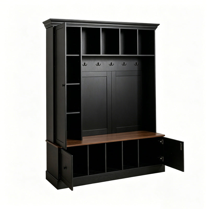 Hall Tree With Shoe Storage Bench, Entryway Coat Rack With 5 Hooks