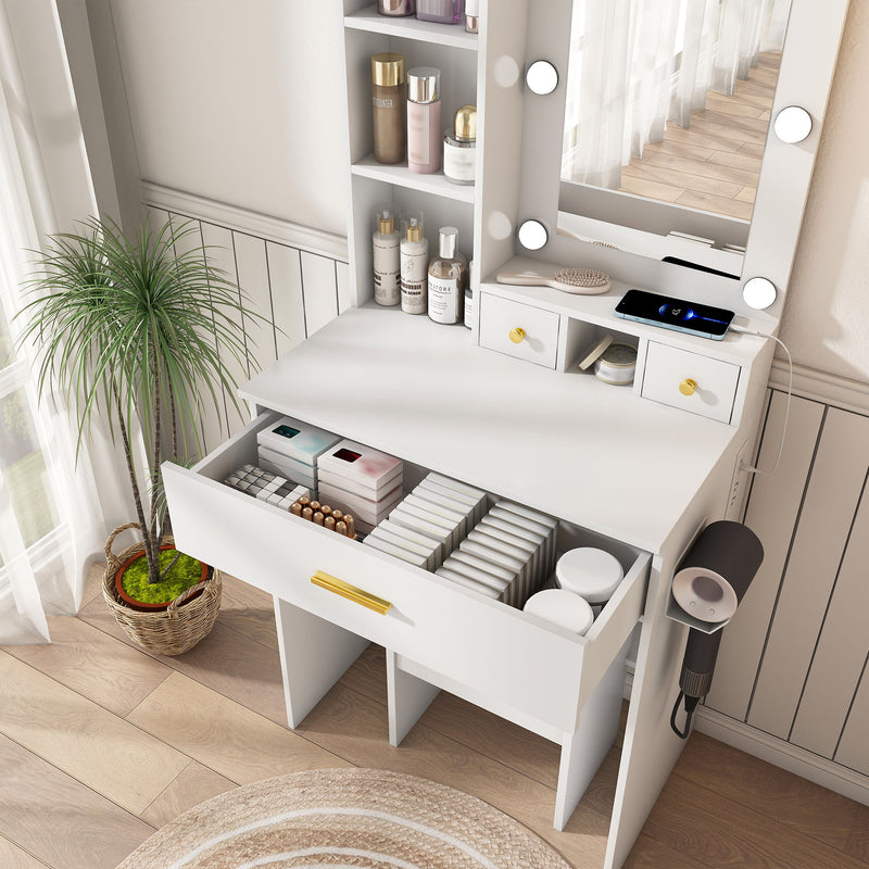 Vanity Table With Mirror, Adjustable LED Lights, Power Outlet, Hairdryer Holder & Stool