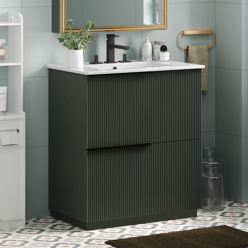 Fluted Bathroom Vanity With Ceramic Sink, Soft Close Slides