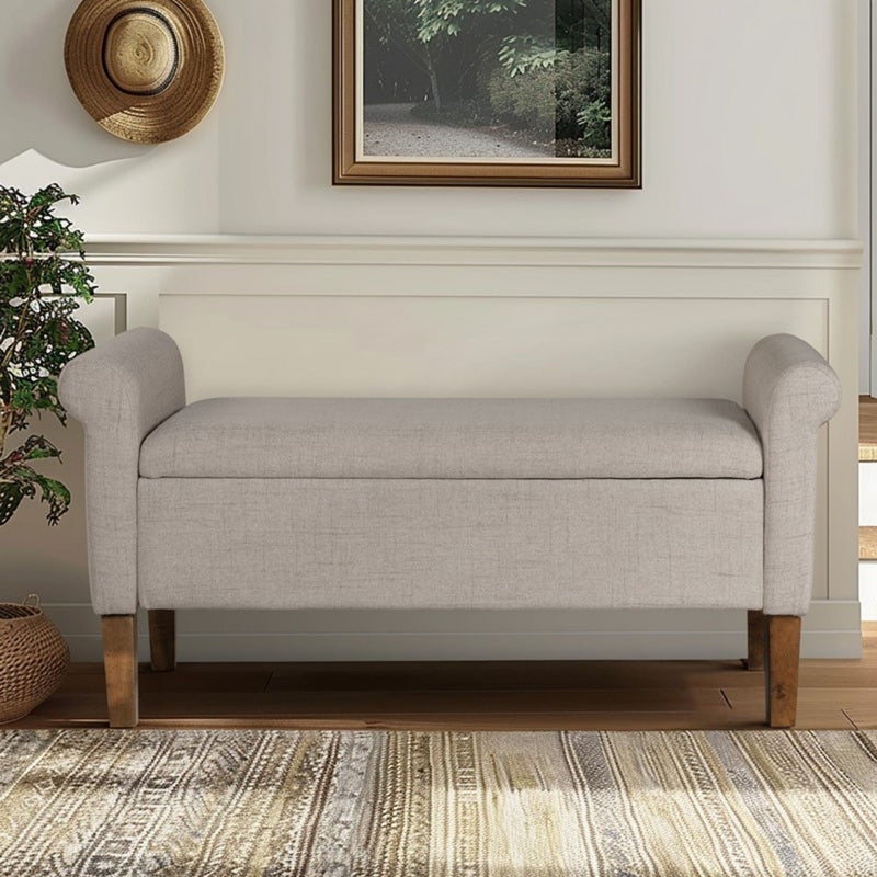 Upholstered Storage Bench With Rolled Armrests - Beige