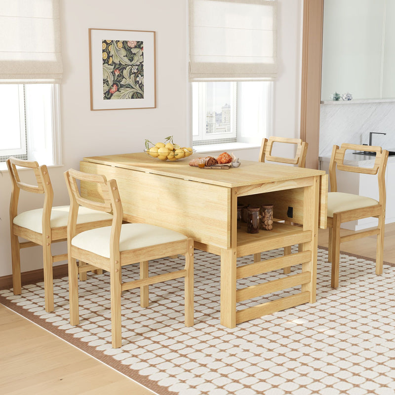 5 Piece Extendable Wood Square Dining Table Set With 2 Drop Leaves