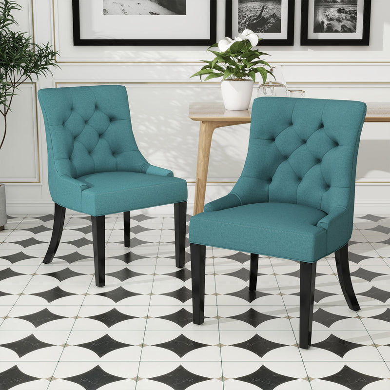 Dining Chair (Set of 2) With Upholstered Diamond Tufting And Espresso Birch Legs - Teal