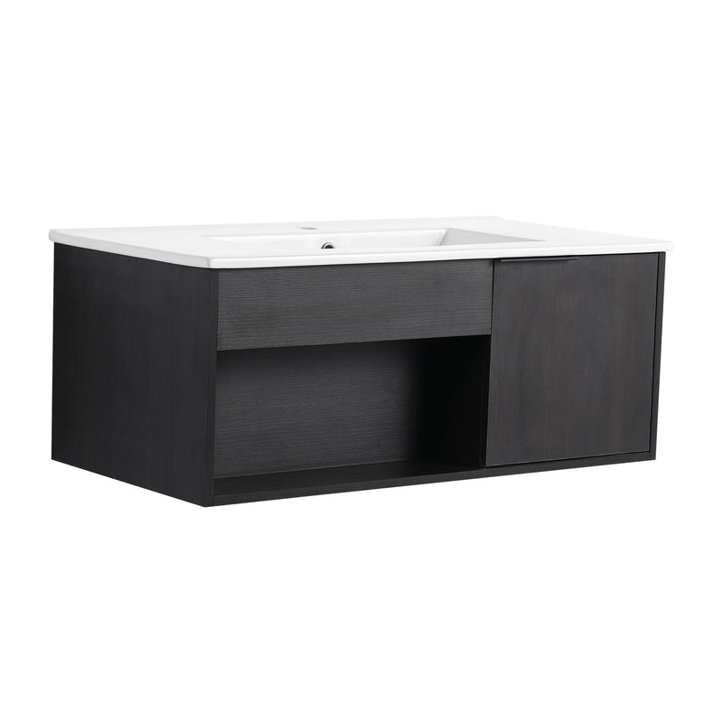 Wall Mounted Floating Bathroom Vanity With Open Shelf & Soft Close Door