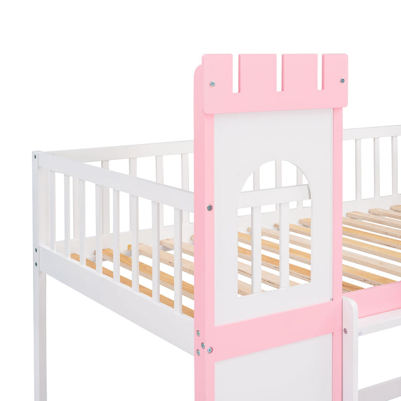 Twin Over Twin Castle Bunk Bed With Ladder - Pink