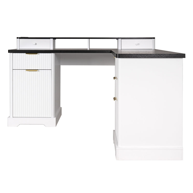 Fluted L-Shaped Desk With Charging Station & Storage Cabinet