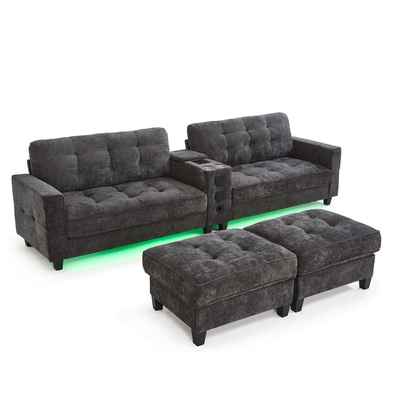 Modern Sectional Sofa U-Shaped With Movable Ottomans, tooth Speakers, LED Lights And Modular Storage