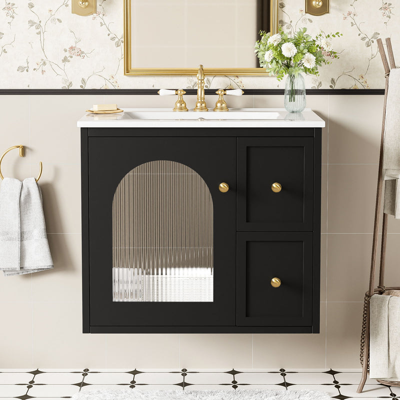 Wall-Mounted Bathroom Vanity Set With Sink, 2 Drawers And Soft-Close Door