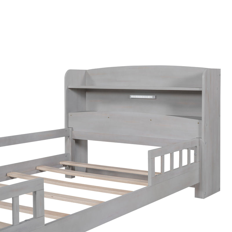 Wood Platform Bed With Built In LED Light, Storage Headboard And Guardrail