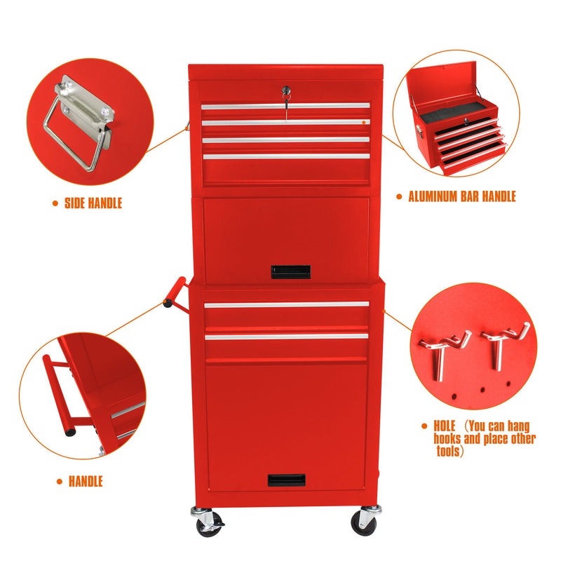 6 Drawer Lockable Tool Cabinet On Wheels, Steel Rolling Tool Chest With Detachable Toolbox
