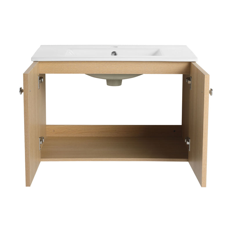 Wall Mounted Bathroom Vanity With Ceramic Sink And 2 Soft Closing Doors