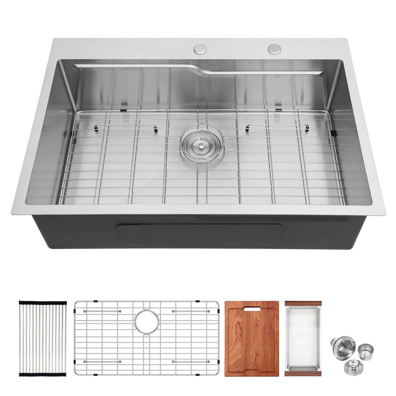 33" Drop In Kitchen Sink With Ledge Workstation, Single Bowl, 16 Gauge Stainless Steel - Brushed Nickel