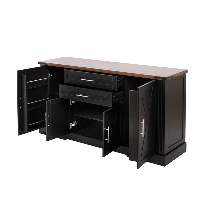 Barn Door Storage Cabinet With 2 Drawers & Door Rack, Adjustable Shelves