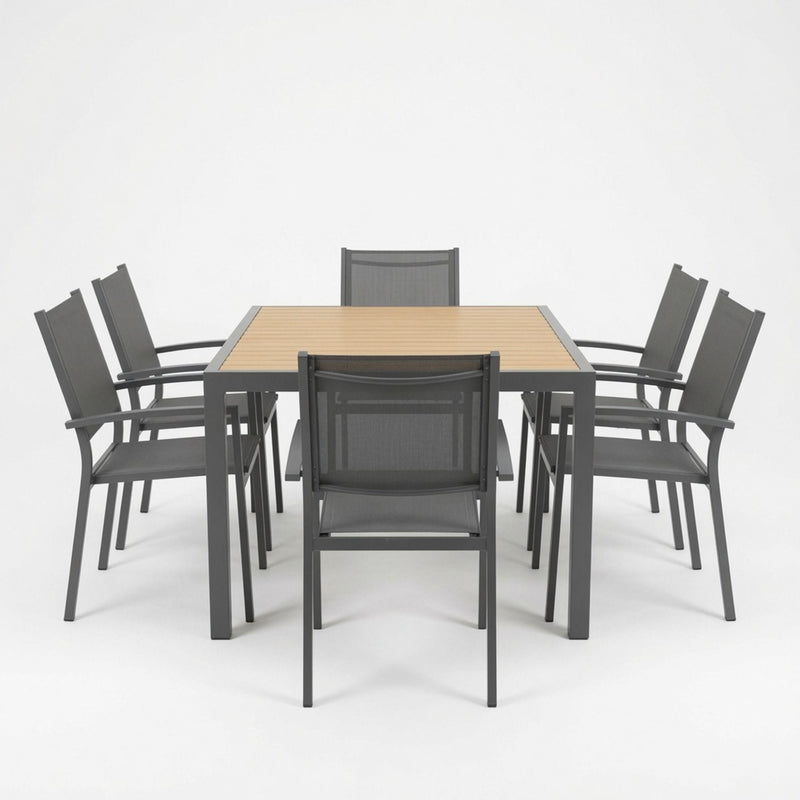 7 Piece Gray Patio Dining Set With Hdps Table And Textilene Chairs For Outdoor Use, Metal Furniture