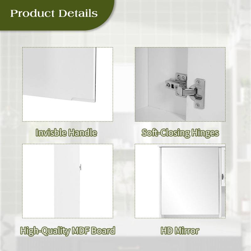 Wall-Mount 3-In-1 Mirror Cabinet With Adjustable Shelf, Soft-Closing Hinges, Rectangular Design - White