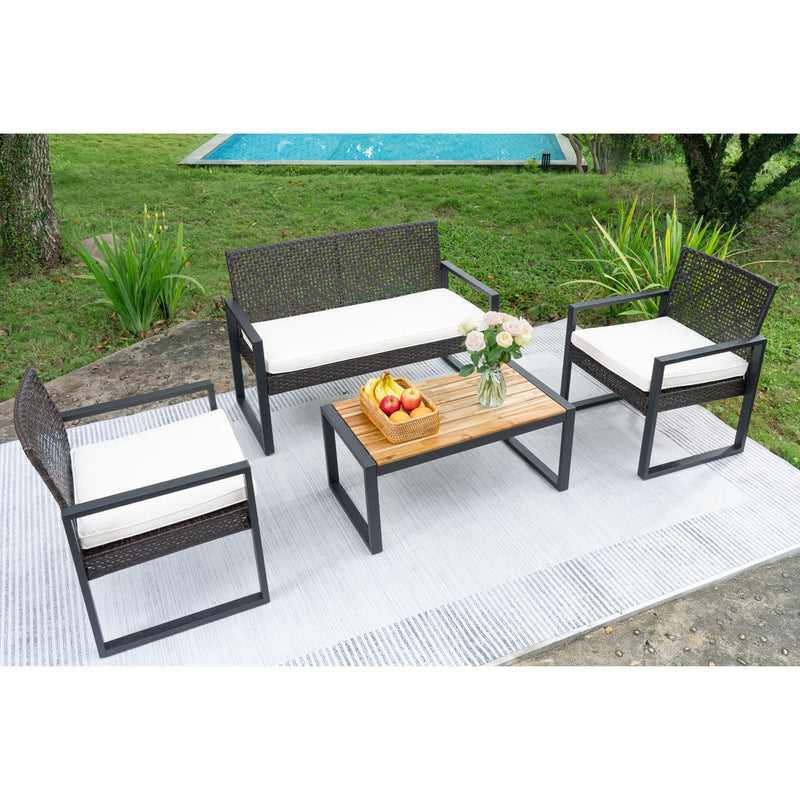 4 Piece Patio Furniture Set With Acacia Wood Table Top And Cushions