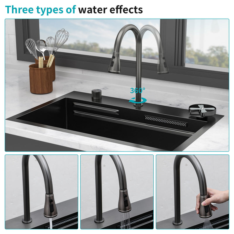 Drop In Waterfall Kitchen Sink With Pull Out Faucet & Cup Washer