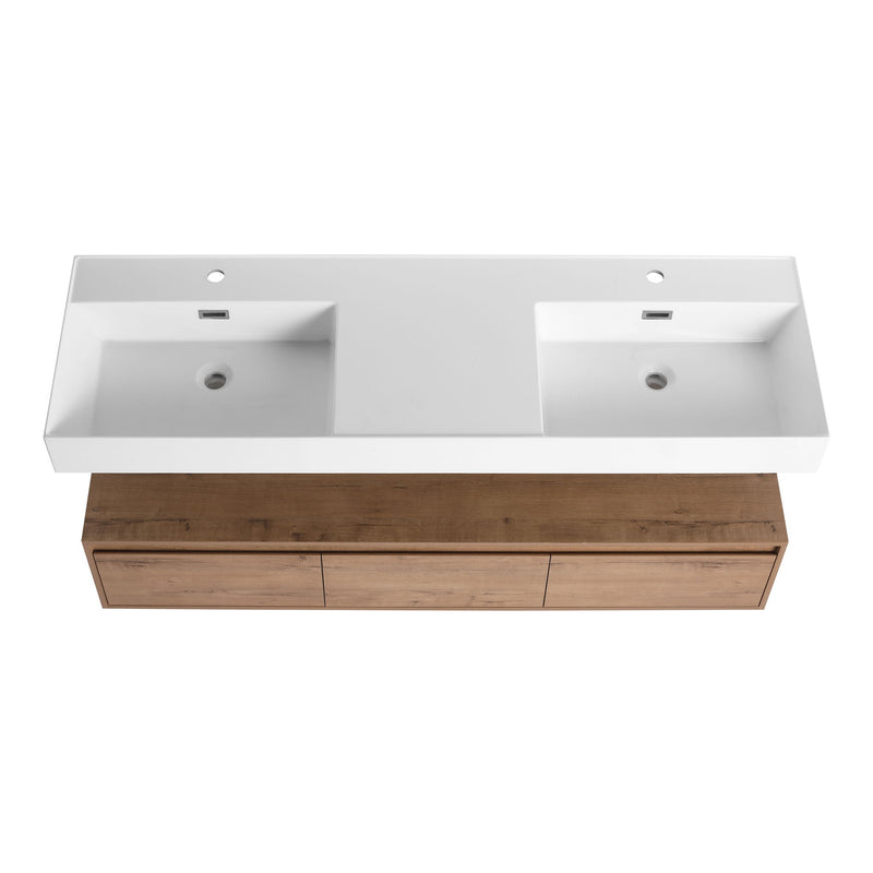 Contemporary Wall Mounted Bathroom Vanity With Dual Resin Sink And Soft Close Drawer