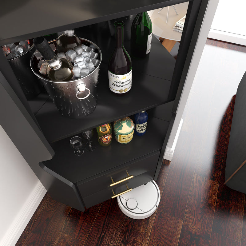 Corner Bar Cabinet With Mirrored Back, 2 Open Shelves & 2 Drawers, High Legs For Easy Cleaning
