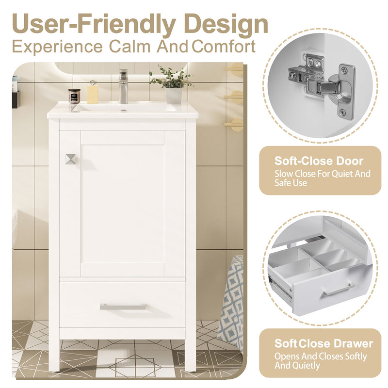 Bathroom Vanity With Ceramic Sink, Soft Close Drawers, Door Organizer, Divider Drawer, Adjustable Foot Pads