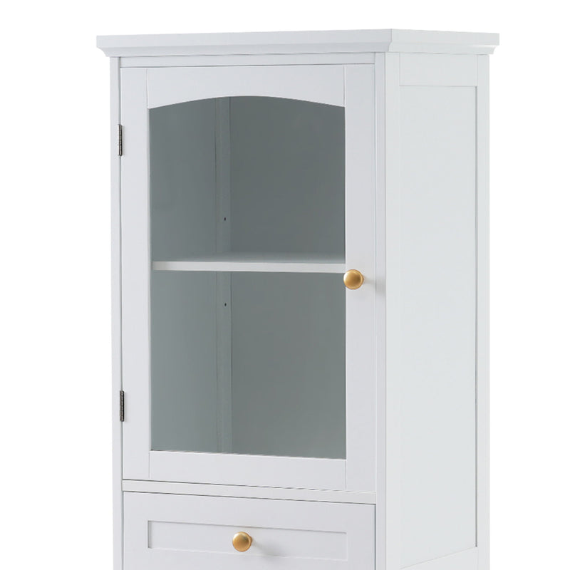 Tall Bathroom Storage Cabinet With Glass Doors, Free-Standing, Two Drawers, And Adjustable Shelves, Board, Painted Perfect For Displaying Your Favorite Items