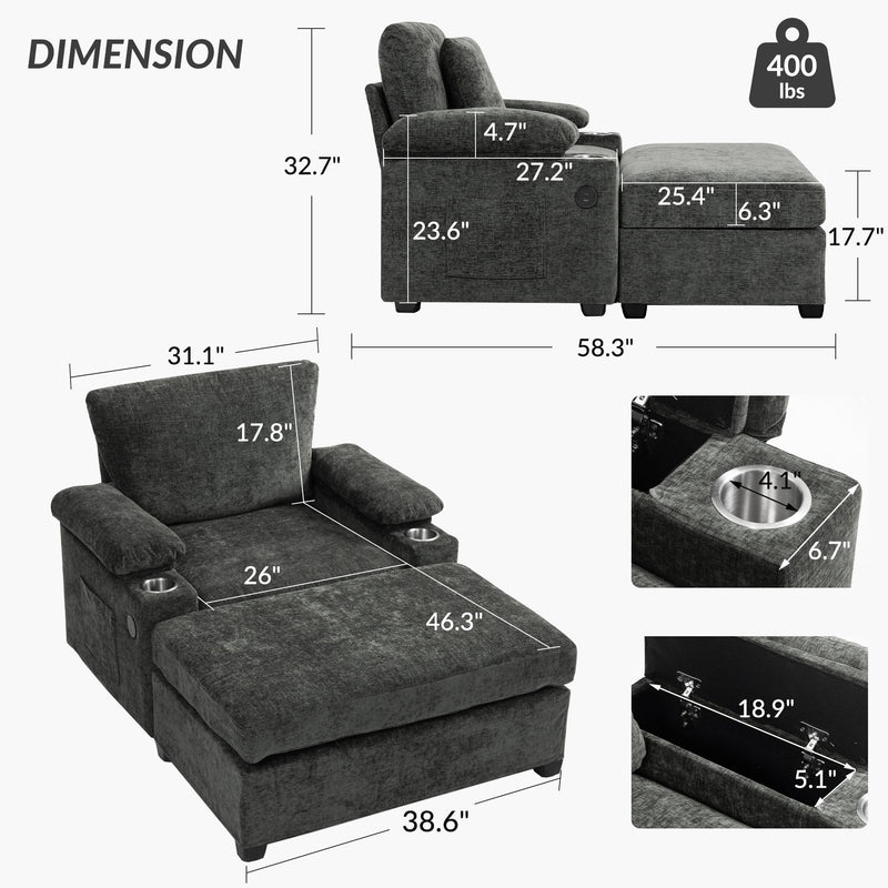 Modern Oversized Chair With Ottoman, Cupholders And USB Charging Ports