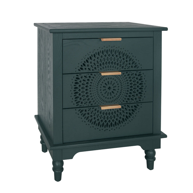 Hollow Carved 3 Drawer Dresser With Metal Handles, Storage Chest For Living Room Or Bedroom - Blackish Green