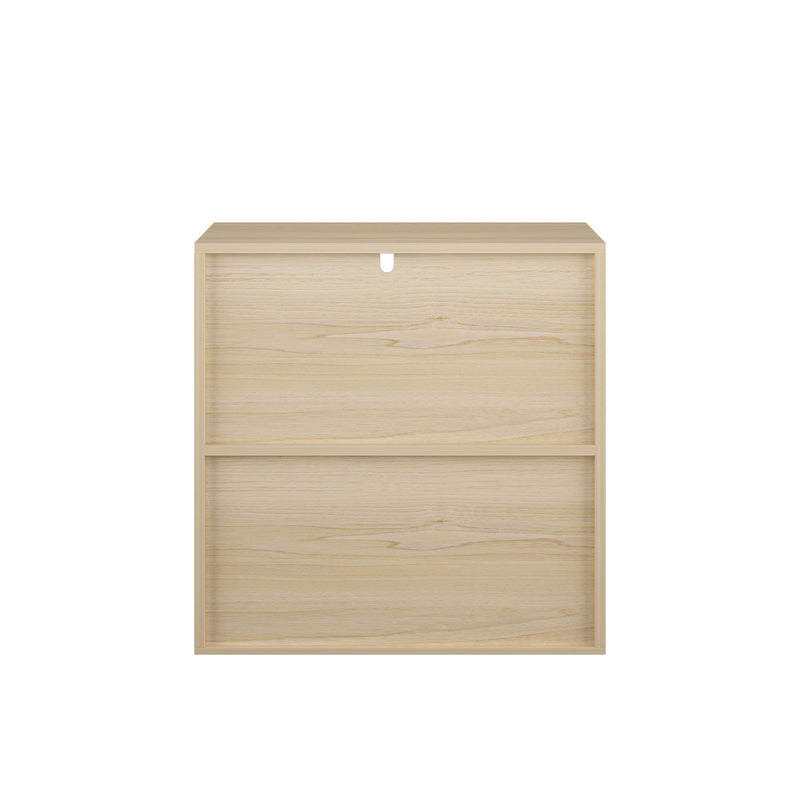 Storage Cabinet With Sliding Doors, 2 Tier Open And Closed Shelves Organizer - Natural / White