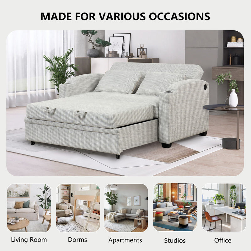 Pull Out Loveseat Sofa With Adjsutable Backrest, 2 Pillows, Cup Holders, USB Ports For Living Room