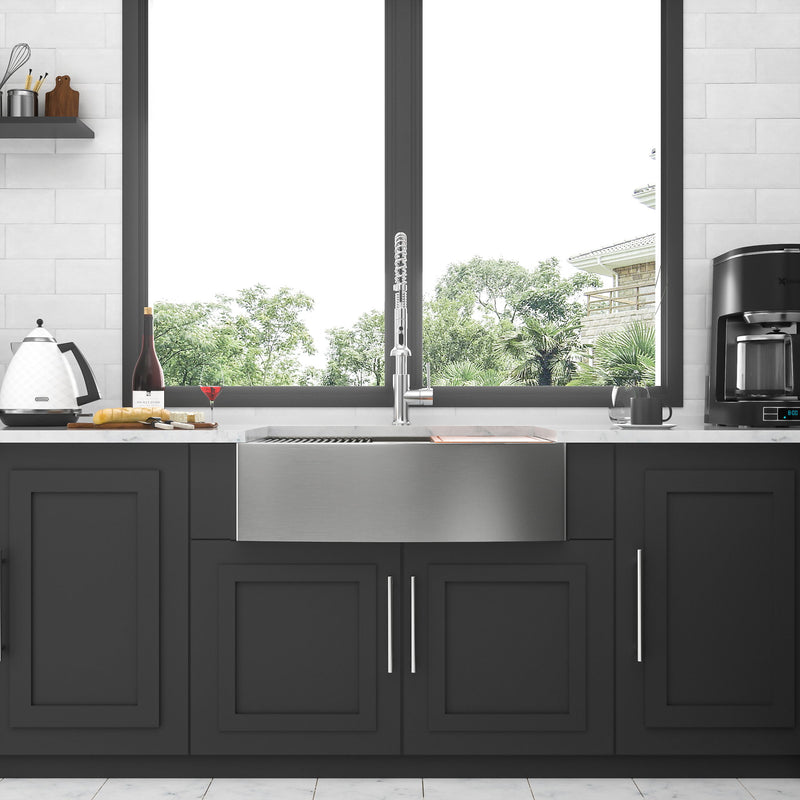 Farmhouse Double Bowl Workstation Kitchen Sink 33" Stainless Steel 16 Gauge Apron Front, Finish - Brushed Nickel