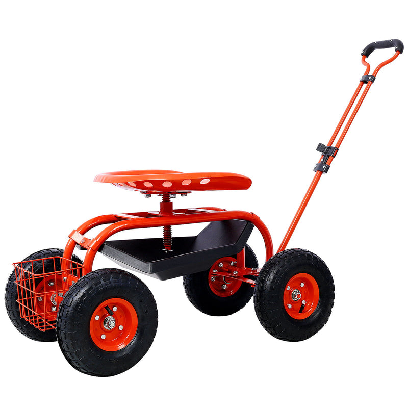 Rolling Garden Scooter Cart Seat With Wheels, 360 Swivel Seat, Tool Tray