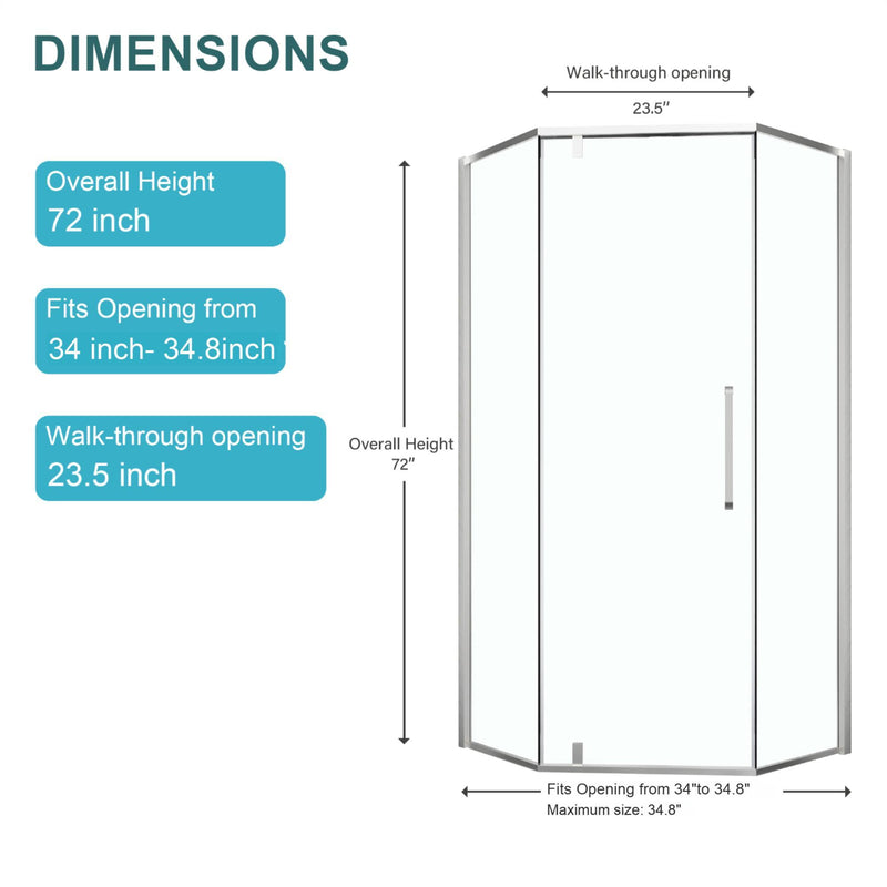 Semi Frameless Neo Angle Hinged Shower Enclosure With Clear Tempered Glass - Brushed Silver