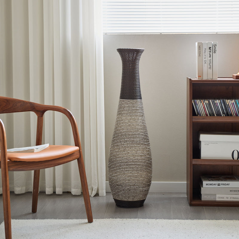 Tall Standing Designer Floor Vase Durable Artificial Rattan Elegant 2 Tone Finish Ideal Decor Accent For Living Room, Bedroom, Entryway Stylish Home Decor Statement Piece - Black / Gray