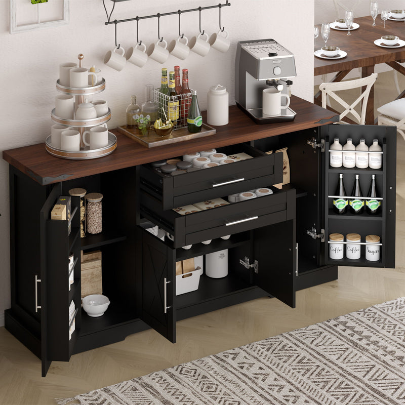 Barn Door Storage Cabinet With 2 Drawers & Door Rack, Adjustable Shelves