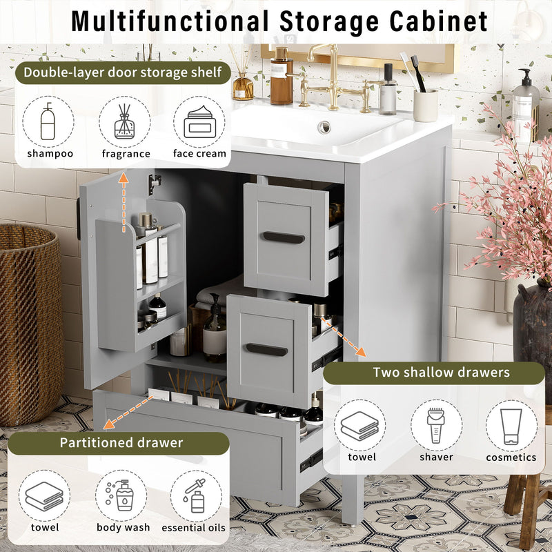 Bathroom Vanity With Sink, Soft Close Door, Double Layer Door Shelf And 3 Drawers - Gray