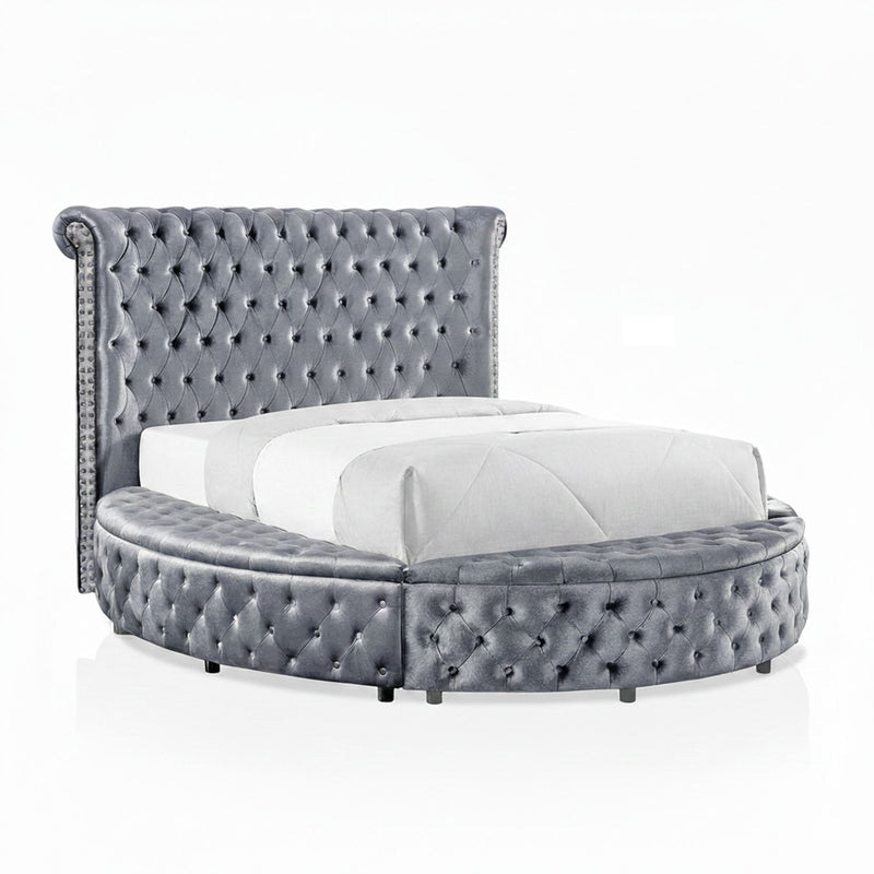 Glam Button Tufted Wingback Round Bed With Storage And USB Ports
