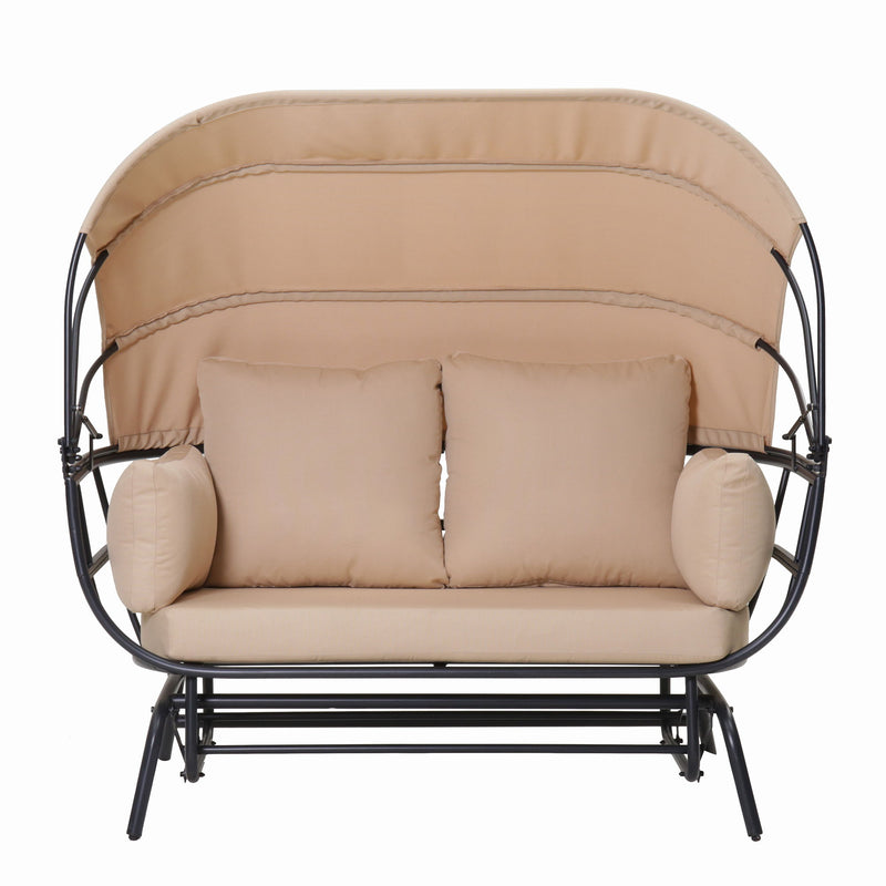 2 Person Egg Shaped Outdoor Swing Chair With Adjustable Canopy - Acacia Wood / Black / Taupe