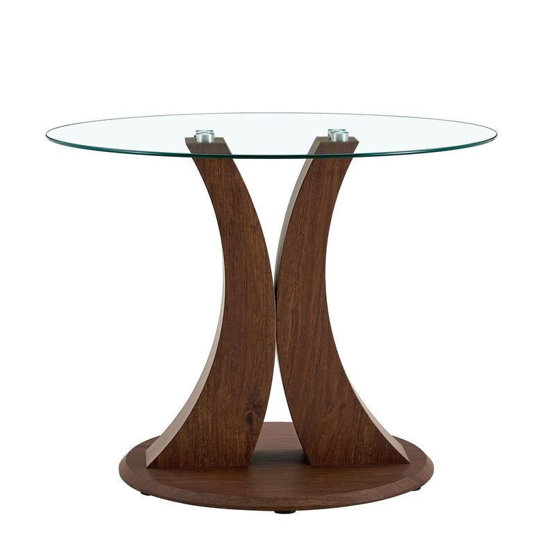 2 In 1 Round Glass Dining Table With Adjustable Curved Base, - Transparent / Walnut