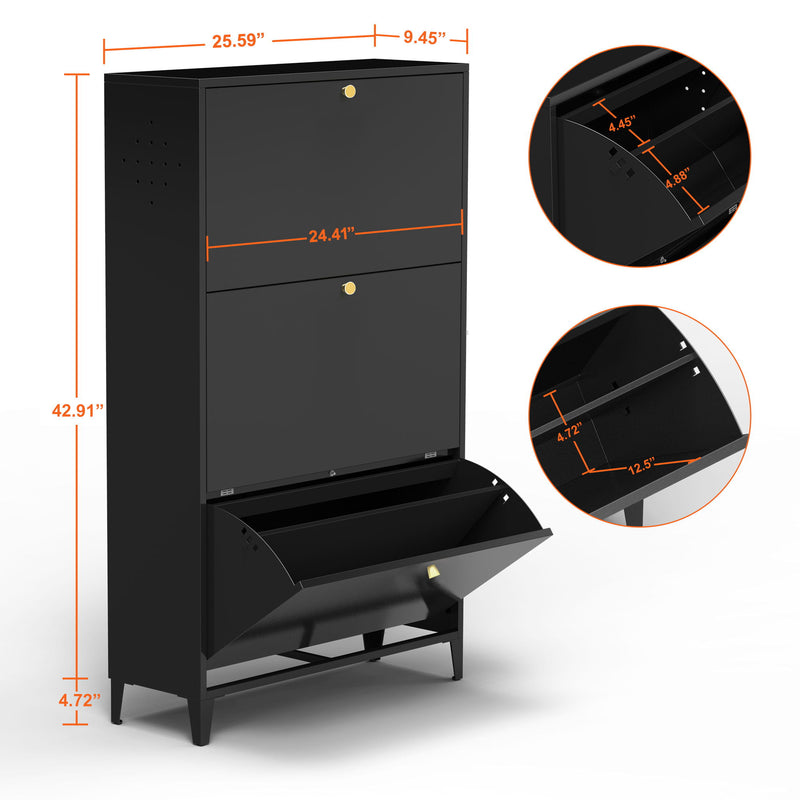3 Drawer All Steel Shoe Cabinet, Freestanding Storage Organizer With Flip Door
