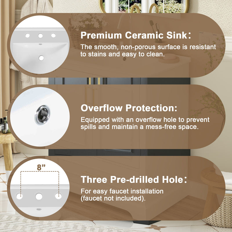Bathroom Vanity With Sink, 1 Divided Drawer And 2 Soft Close Doors With Double Shelf