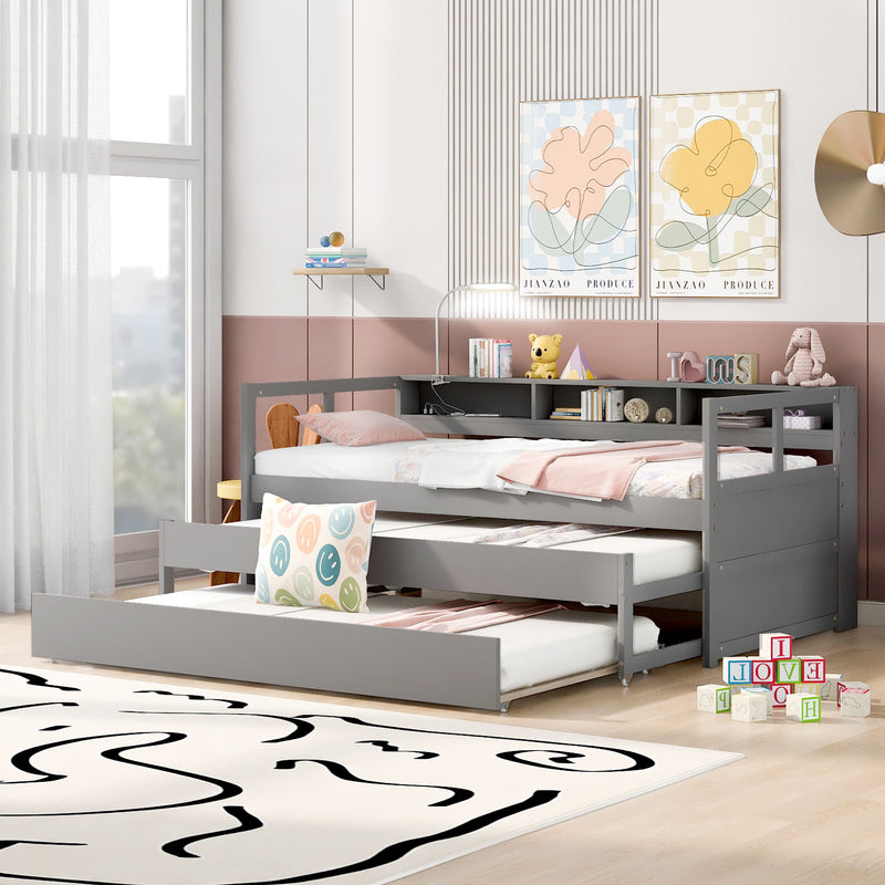 Daybed With 2 Trundles, 3 Storage Cubbies, Built In USB Charging Light