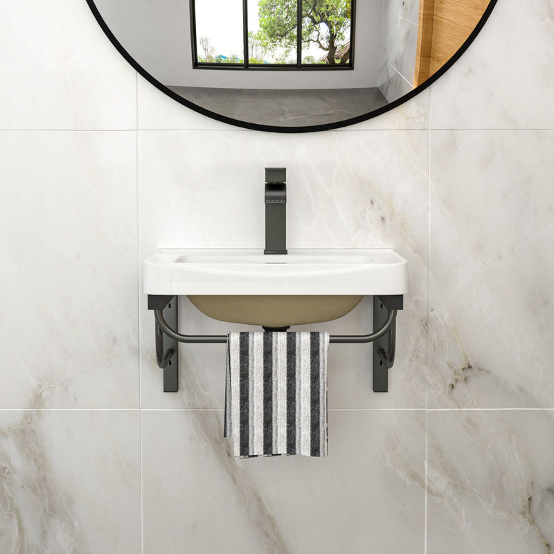 Wall Mounted Rectangular Bathroom Sink With 304 Stainless Steel Towel Bar & Overflow - White