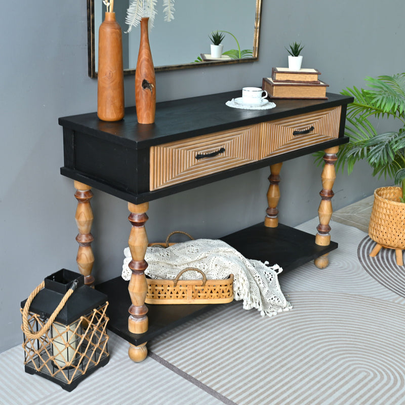 Accent Carved Console Table With Open Shelf And 2 Drawers Living Room - Black / Natural Wood Wash